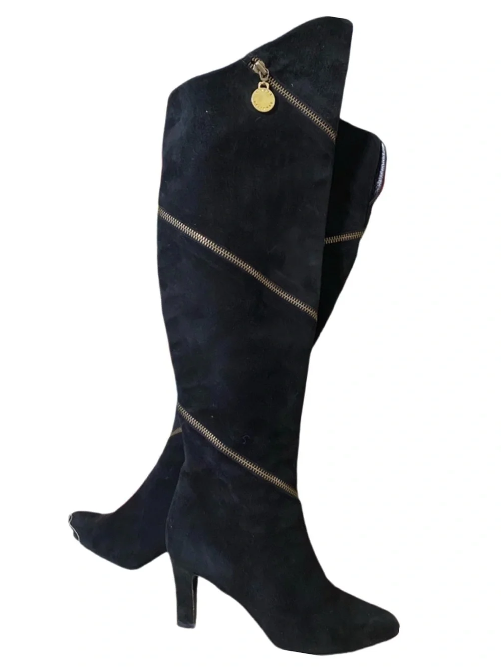 STUAR WEITZMAN Vintage Black Over-the-Knee Suede Boots w/ Gold Zipper Trim - 6.5